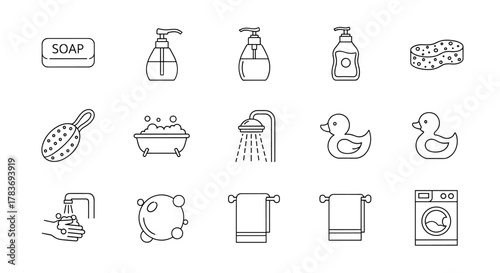 A clean and modern line icon pack featuring essential bathroom and hygiene elements, including soap, lotion dispensers, a sponge, a scrubbing brush, a bathtub with bubbles, a shower, rubber ducks, a