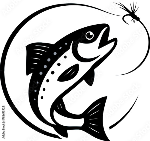 Fishing Concept Vector Monochrome Leaping Trout with Fly in Minimal Style