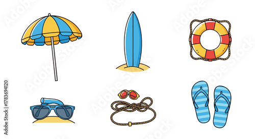 Vibrant collection of summer beach essentials, featuring a striped beach umbrella, a blue surfboard stuck in sand, a red and yellow lifebuoy with rope, cool blue sunglasses on a sandy dune, a coiled
