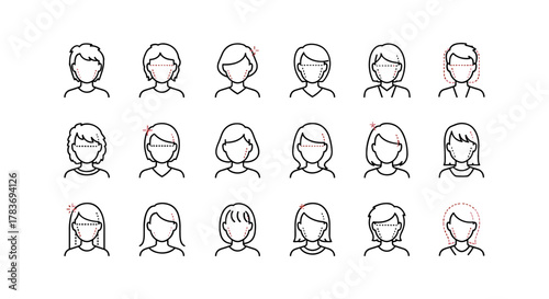 Collection of diverse avatar face shape icons, meticulously outlined for clarity and versatility, presented on a clean white background, ideal for digital design and user interface applications