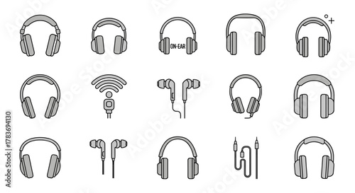 Collection of simple, isolated line icons representing various types of headphones and earbuds, including on-ear, over-ear, and wireless models, suitable for web, apps, and print media, with editable