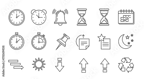 Collection of outline icons representing time management and productivity: clocks, alarm, hourglass, calendar, stopwatch, pushpin, document upload, favorite, night sky, progress steps, sun, download