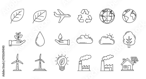 Collection of Global Related Line Icons: Leaves, Plane, Eco Outline Signs for Graphic and Web Design, Apps, Adverts, Various Cards, Vector Cartoon Illustration. This set includes symbols for nature