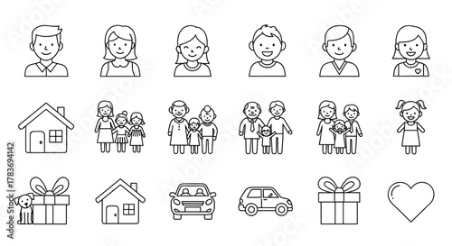 Collection of simple, linear, outline vector illustrations depicting family life, including diverse family units, homes, cars, gifts, pets, and hearts, perfect for web, books, cards, and app designs