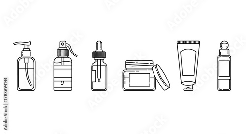 Collection of simple line icons representing cosmetic bottles and containers, including a pump dispenser, spray bottle, dropper bottle, jar with lid, tube, and rollerball bottle, perfect for graphic