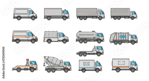 Collection of diverse delivery and service trucks in a clean, cartoon vector illustration style, featuring vans, box trucks, tow trucks, cement mixers, tank trucks, and garbage trucks, perfect for