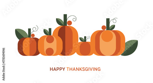 A row of stylized orange pumpkins with green leaves and stems on a white background with the words happy thanksgiving