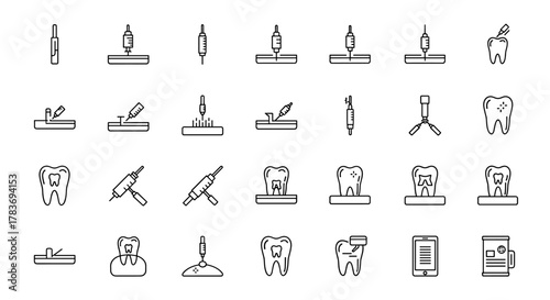Set of simple thin line icons representing dental procedures, including gingival injections, dental implants, tooth treatments, and digital dental tools, perfect for websites, books, cards, and apps