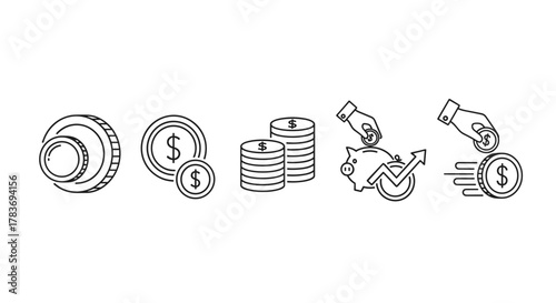 A clean and modern line icon set depicting various aspects of finance and savings, including stacked coins, a piggy bank with a growth chart, and coins in motion, all presented on a crisp white