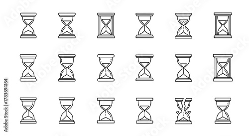 Collection of 18 hourglass icons with editable stroke, suitable for web, books, cards, and apps. Vector cartoon illustration on a white background, representing time, measurement, and deadlines.