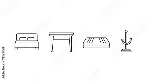 Clean and modern line icon set featuring essential furniture pieces: a comfortable bed with pillows, a sturdy table, a plush mattress, and a decorative coat hook, perfect for graphic design projects