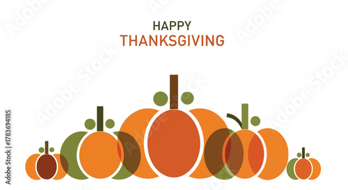 Happy thanksgiving greeting with a row of stylized pumpkins in warm autumn colors on a white background
