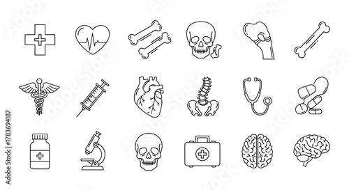 A collection of minimalistic, linear medical icons, featuring a cross, heart with ECG, bones, skull, joint, caduceus, syringe, human heart, spine, stethoscope, pills, medicine bottle, microscope, and