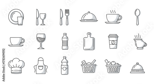 Minimalistic line icon set representing various kitchen and dining elements, including plates, glasses, cutlery, coffee cups, wine glasses, water bottles, cutting boards, chef hats, aprons, and