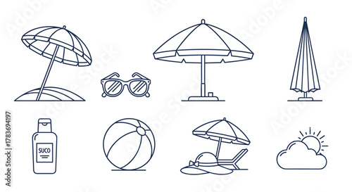 Collection of minimalist line art icons representing beach essentials: sun umbrellas, sunglasses, sunscreen bottle, beach ball, lounge chair with hat, and a sun behind a cloud, perfect for summer