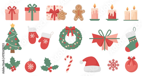 A collection of various festive Christmas holiday elements and decorations including gifts, a tree, candles, gingerbread man, mittens, wreath, holly, and ornaments.
