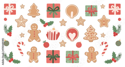 A festive collection of various Christmas holiday elements including gingerbread cookies, gift boxes, and candy canes.