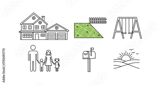 Collection of suburban lifestyle icons in a clean line art style, featuring a two-story house with an attached garage, a green lawn with a fence, a children's swing set, a silhouette of a family, a