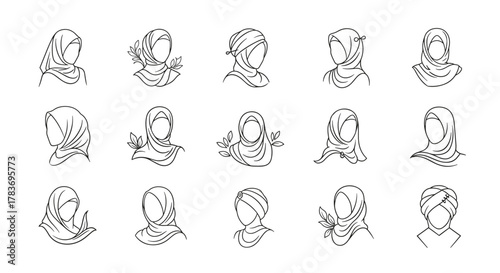 Collection of elegant line art illustrations featuring Muslim women wearing various hijab styles, showcasing modern Islamic fashion and cultural identity with minimalist design elements and a clean