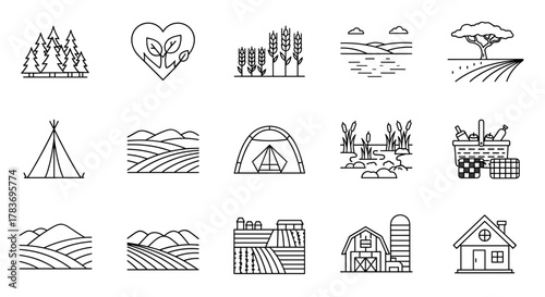 Collection of thin line icons representing rural life and nature, including taiga forest, heart with plant, wheat field, savannah landscape, lake, country scene, swamp, tent, camping tent, picnic