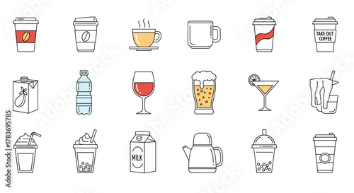 A vibrant collection of line art beverage icons, featuring coffee cups, juice cartons, water bottles, wine glasses, beer mugs, cocktails, and bubble tea, perfect for graphic design, web development
