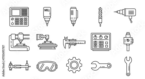 Set of outline vector icons representing CNC machines and industrial tools, including a mill controller, drill bits, calipers, control panel, and wrenches, presented on a clean white background for a
