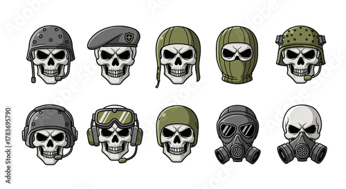 Collection of ten stylized skull illustrations wearing various military-themed headgear including helmets, berets, balaclavas, and gas masks, presented as a vector cartoon set on a clean white