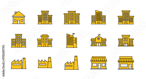 Collection of yellow, minimalistic, linear pictogram icons representing various buildings and architectural structures, including houses, offices, factories, and shops, perfect for web and graphic