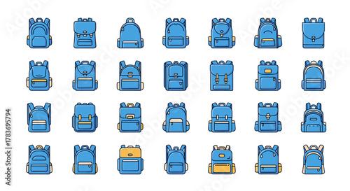 Collection of 30 blue backpack and schoolbag filled color icons, showcasing minimalistic linear pictograms perfect for web and graphic design, app interfaces, banners, social networks, and cards