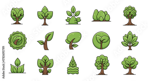 Set of stylized green nature logos and icons featuring various tree and bush designs, perfect for environmental or ecological branding, presented on a clean white background for versatile use in