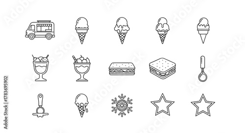 A collection of minimalistic thin line icons featuring a food truck, various ice cream cones and sundaes, sandwiches, an ice cream scoop, a snowflake, and stars, perfect for web and graphic design