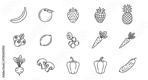 Vibrant Line Icon Set of Fresh Fruits, Vegetables, and Berries: A Vector Collection Featuring Banana, Orange, Strawberry, Pineapple, Blueberry, Raspberry, Lime, Carrots, Beetroot, Mushrooms, Bell