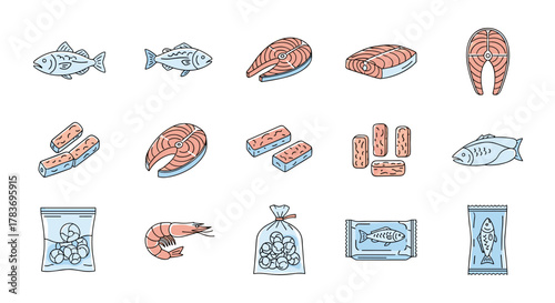 Set of minimalistic thin line icons representing various frozen fish and seafood products, including whole fish, fish steaks, fish fingers, shrimp, and packaged seafood, suitable for web, graphic