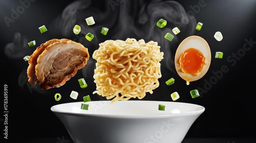 Experience the art of ramen making as succulent slices of meat and a perfect soft-boiled egg dance above a steaming bowl of noodles, enhanced by fresh green onions for flavor.