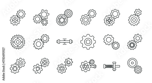 Collection of simple, editable stroke icons representing gears and cogwheels, perfect for infographics, articles, books, flyers, and banners. This vector cartoon illustration showcases various