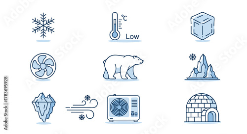 Collection of minimalistic thin line icons representing global cooling and cold weather concepts, including a snowflake, thermometer showing low temperature, ice cube, polar bear, iceberg, wind, air