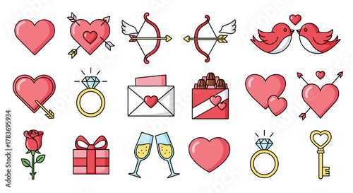 Collection of charming Valentine's Day icons, featuring romantic symbols like hearts pierced by arrows, cupid's bows, love birds, engagement rings, roses, gift boxes, champagne glasses, and a