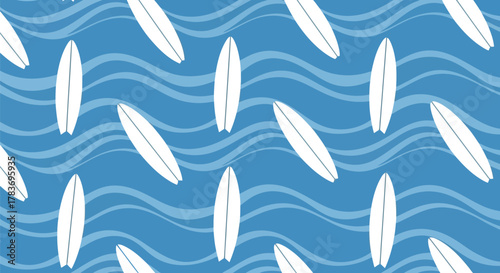 Summer beach seamless pattern: white surfboards on blue ocean waves, tropical water background.