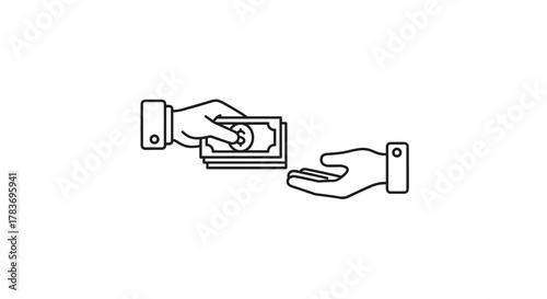 Line art icon depicting the act of giving money from one hand to another, symbolizing financial transactions, payment, and exchange. This clean, minimalist graphic is part of a set of ordered line