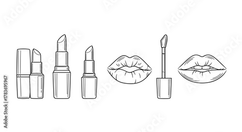 Set of outline icons representing lipsticks and lips, including closed and open lipsticks, a lip gloss applicator, and two stylized lips, perfect for graphic design, web, apps, adverts, and cards
