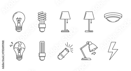 Collection of light bulb and lamp line icons, including incandescent, CFL, and broken bulbs, desk lamps, ceiling light, and a lightning bolt symbol, perfect for graphic and web design, apps, and