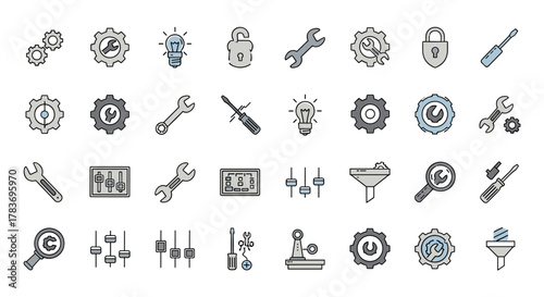 A versatile collection of thin line icons representing mechanisms, settings, and tools, perfect for web design, print materials, and application interfaces. This editable stroke vector illustration