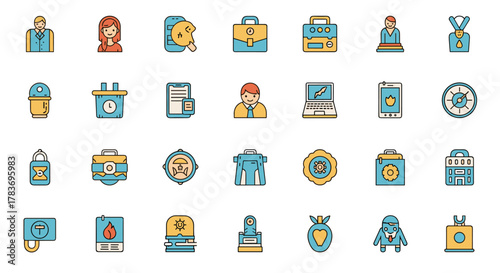 Set of 30 colorful business and finance icons, including money under umbrella, briefcase, laptop, clock, and people, perfect for web, apps, books, and cards, presented as a clean vector cartoon