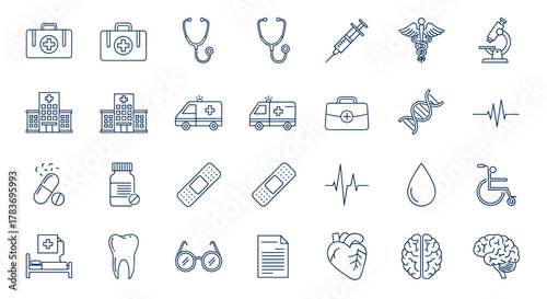 Medical Cross Line Icon Bundle: Outline Signs for Graphic and Web Design, Apps, Adverts, Various Cards, Vector Cartoon Illustration with a White Background. This collection features essential