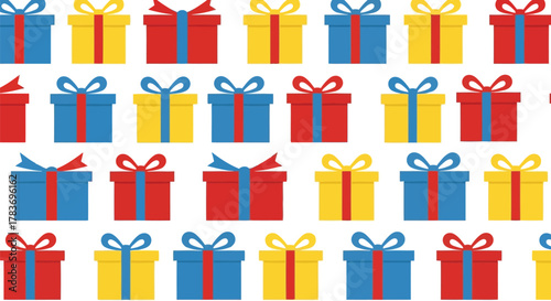 Colorful holiday seamless gift box pattern: birthday celebration presents, festive background.