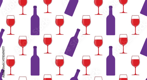 Seamless pattern red wine glasses and bottles celebration beverage party drink winery background
