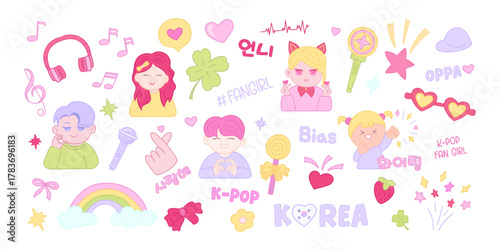 Cute K-pop sticker set in chibi style. Korean phrases, pastel colors. Perfect for prints, digital stickers, planners, and K-pop lovers. Korean phrases (사랑해) — I love you. 화이팅! — You can, 언니 - sister