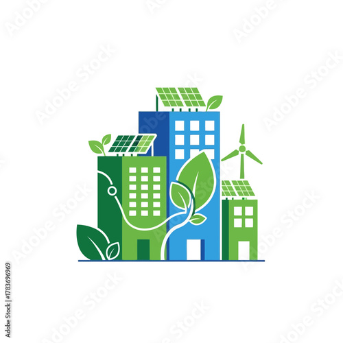 Sustainable city buildings powered by green energy, featuring solar panels and wind turbines for an eco-friendly urban landscape illustration
