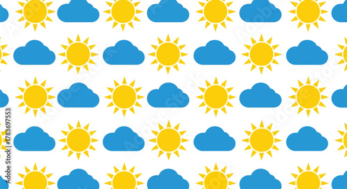 Weather seamless pattern: alternating yellow sun and blue cloud, bright summer sky background.