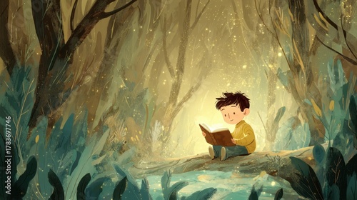 Young Boy Reading Book in Enchanted Forest with Warm Glow and Sparkling Lights